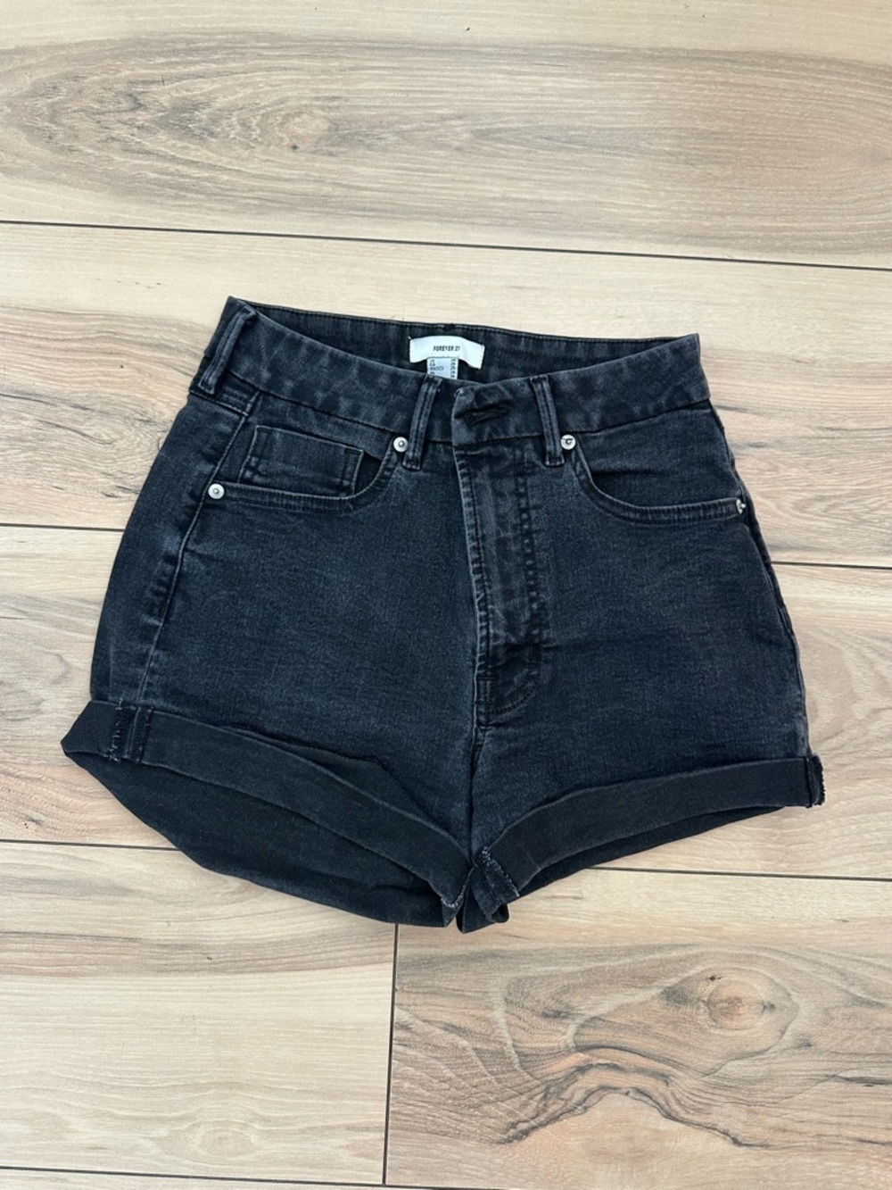 Forever 21 Black High-Waist Rolled Hem Denim Shorts